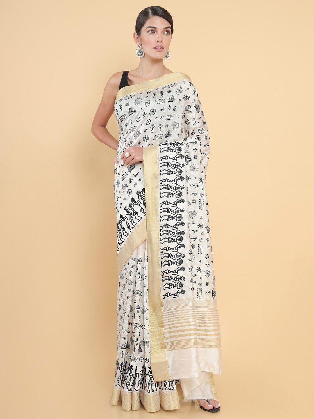 Soch Women Cream & Black Warli Embroidered Silk Blend Saree Price in India
