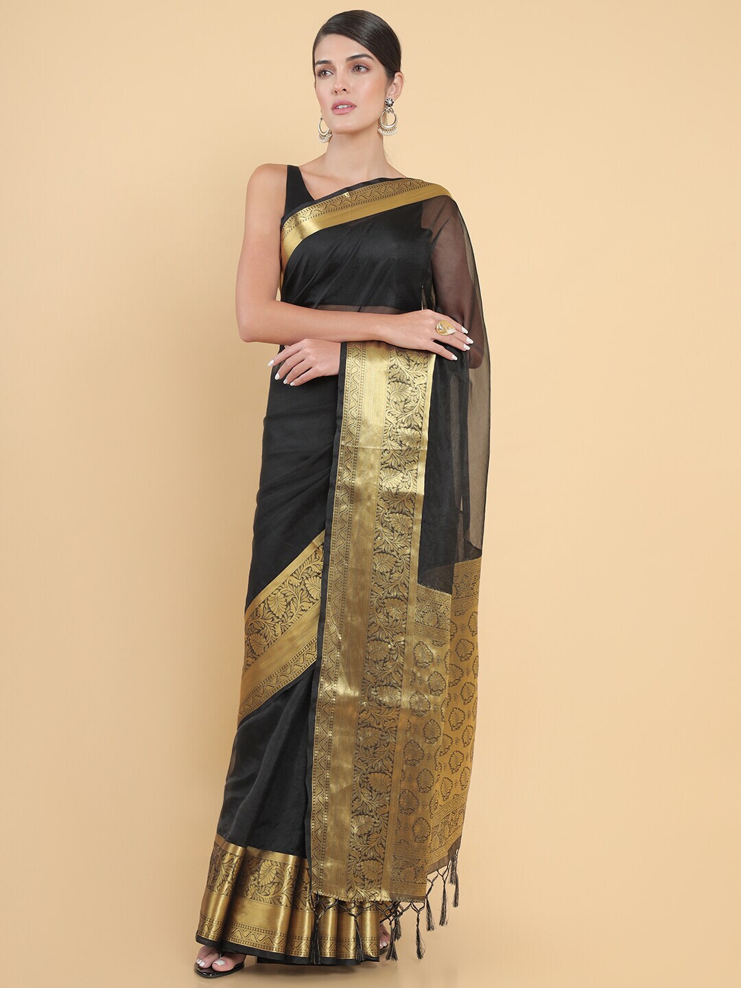 Soch Black & Gold-Toned Zari Organza Saree Price in India