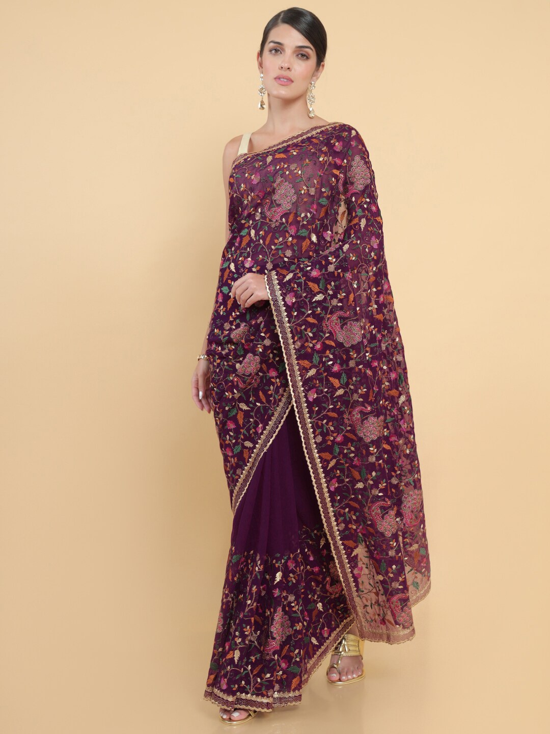 Soch Violet & Green Floral Embroidered Pure Georgette Saree Price in India