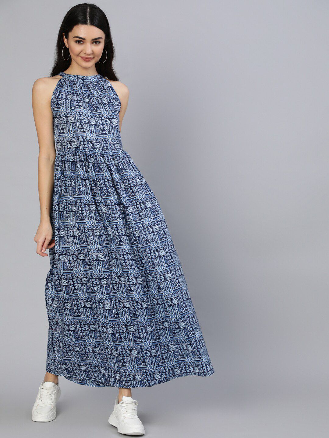 Nayo Women Blue & White Printed Maxi Cotton  Dress Price in India