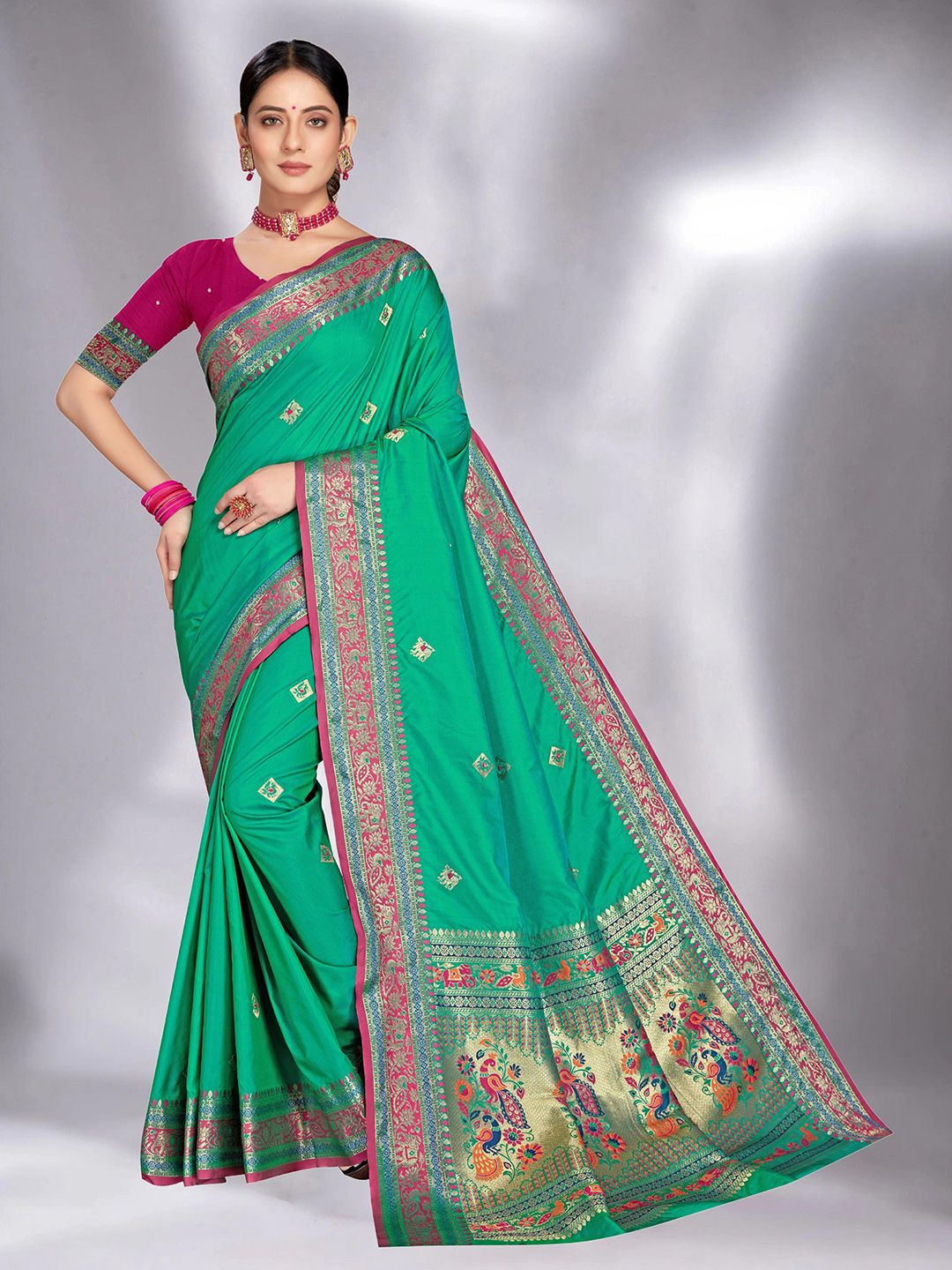 MS RETAIL Turquoise Blue & Pink Woven Design Zari Paithani Saree Price in India