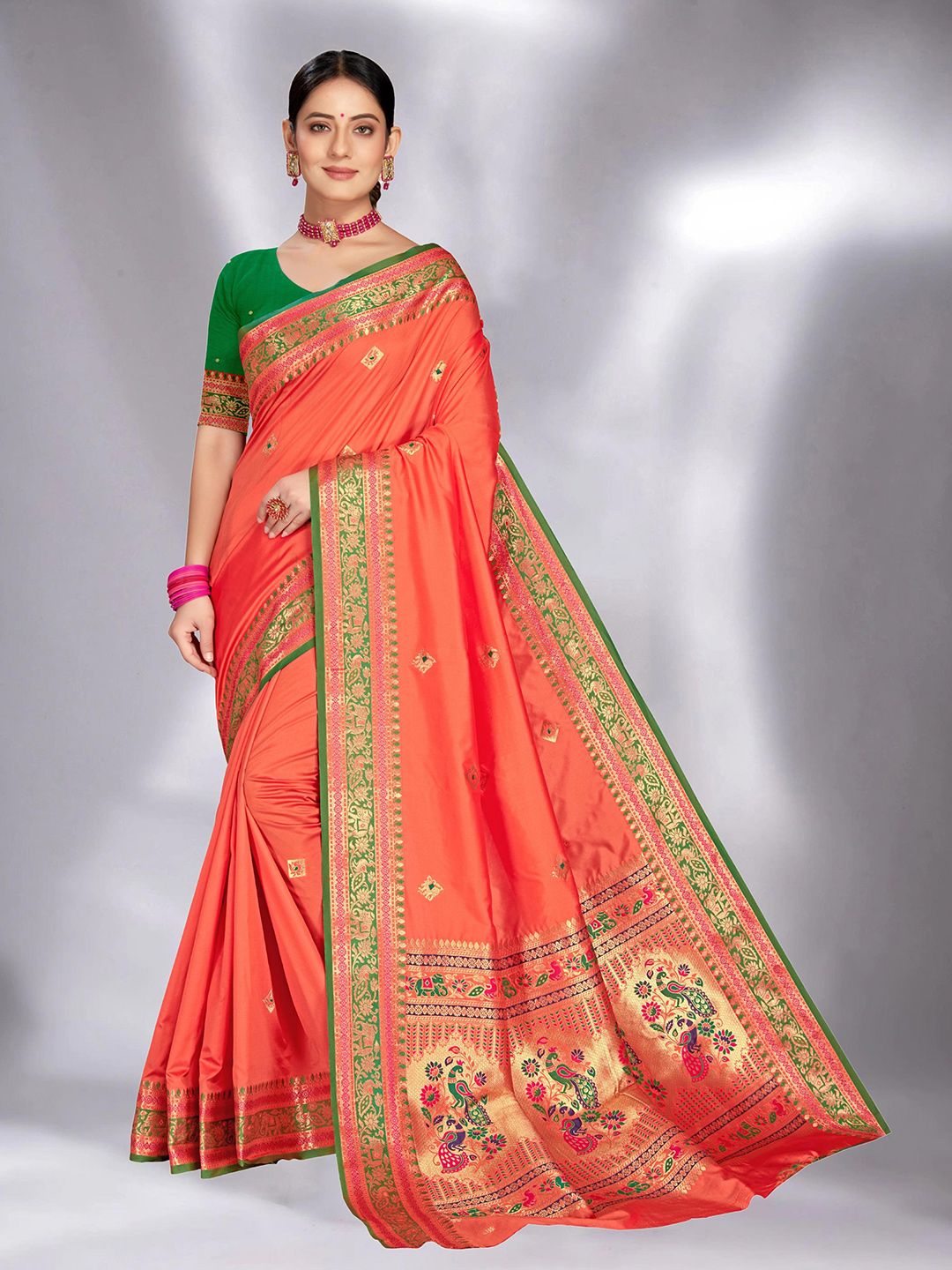 MS RETAIL Orange & Green Woven Design Paithani Saree Price in India