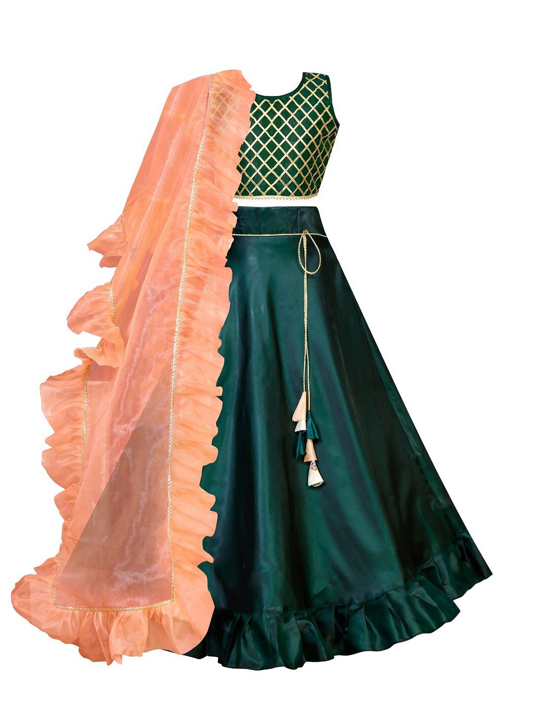 White World Girls Green & Gold-Toned Ready to Wear Lehenga & Blouse With Dupatta Price in India