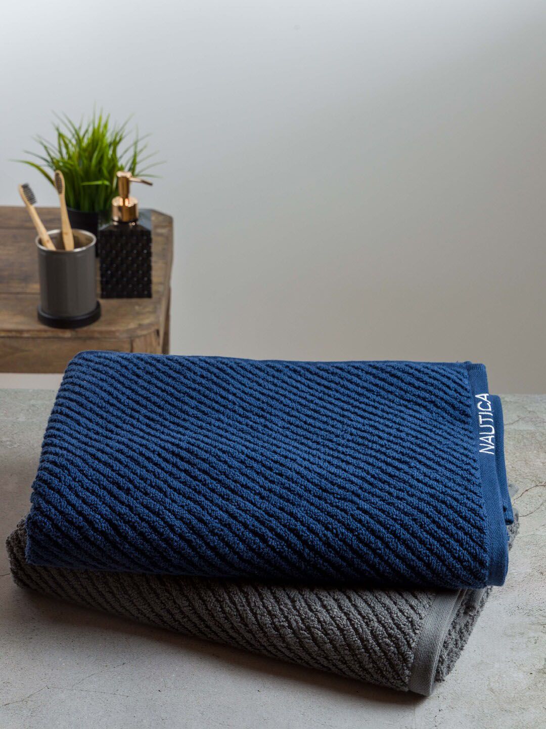 Nautica Set Of 2 Solid Blue & Grey Pure Cotton 600 GSM Bath Towels Price in India