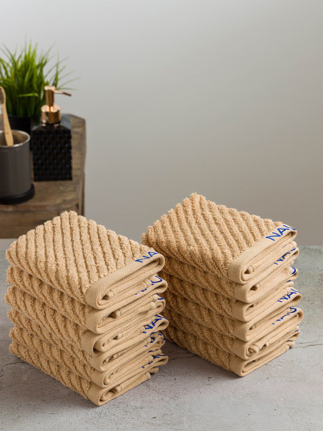 Nautica Set Of 12 Beige Solid 600 GSM Pure Cotton Face Towels Price in India