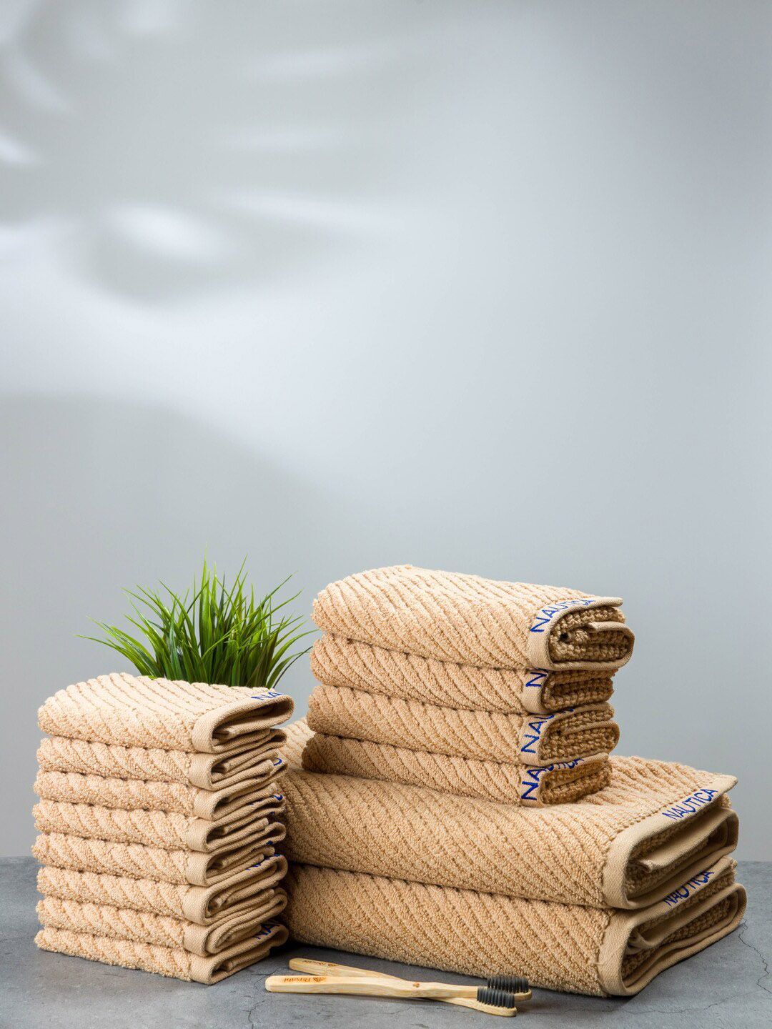 Nautica Set OF 14 Brown Solid Pure Cotton 600 GSM Towel Set Price in India