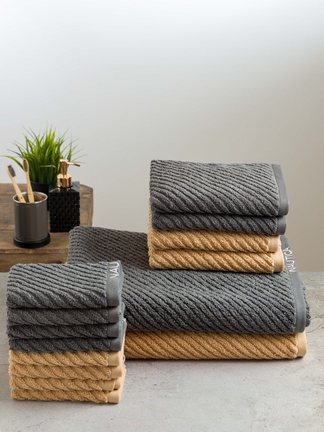 Nautica Set Of 14 Grey & Beige Textured Towel Set Price in India