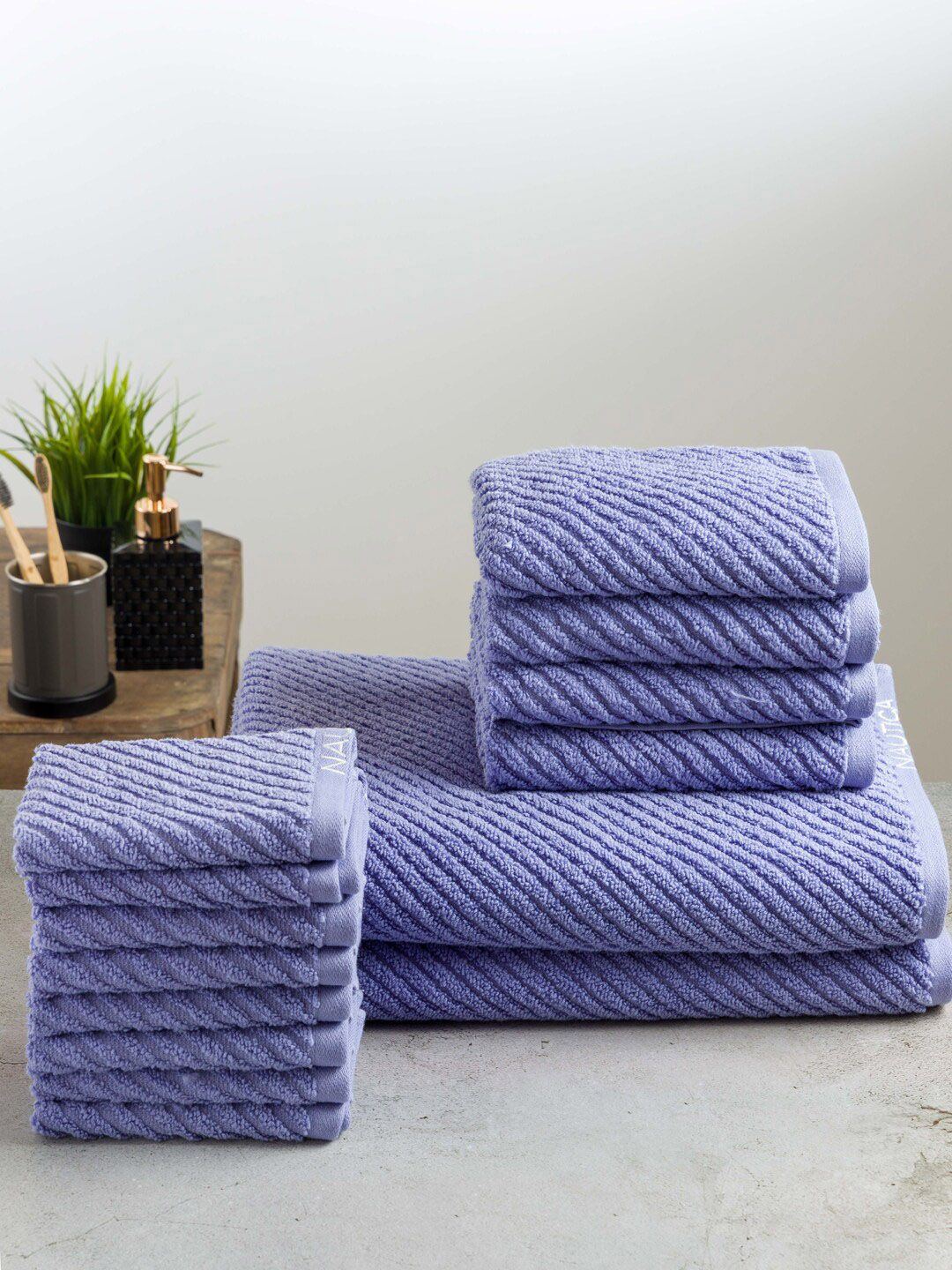 Nautica Set Of 14 Purple Solid 600 GSM Cotton Towel Set Price in India