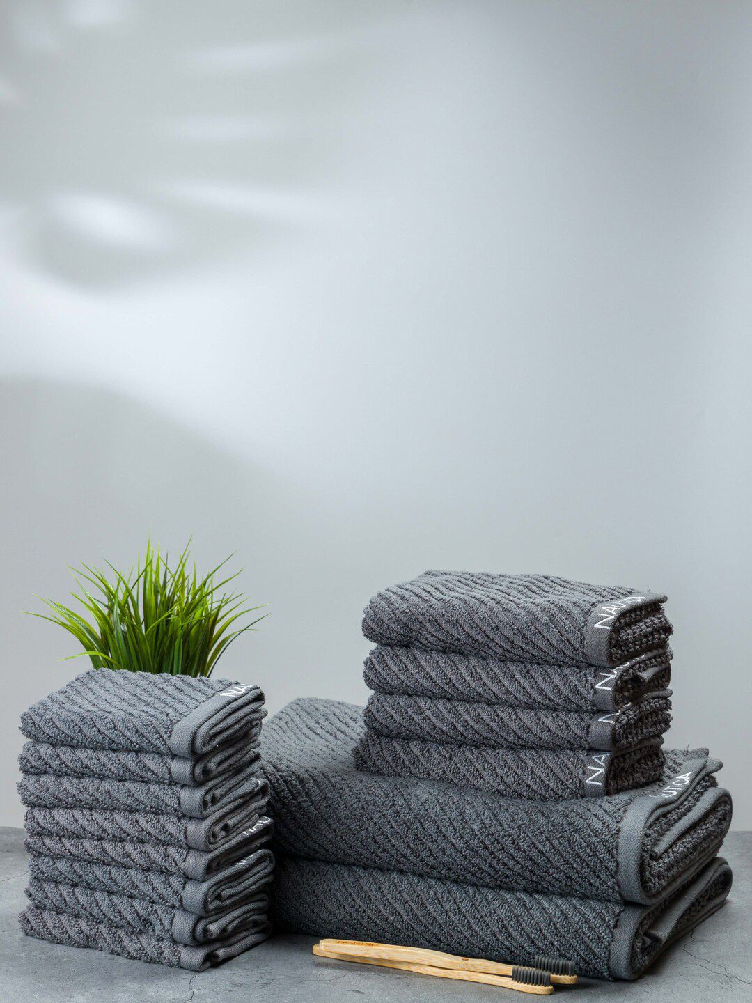 Nautica Grey Set Of 14 Striped Cotton 600 GSM Towel Set Price in India