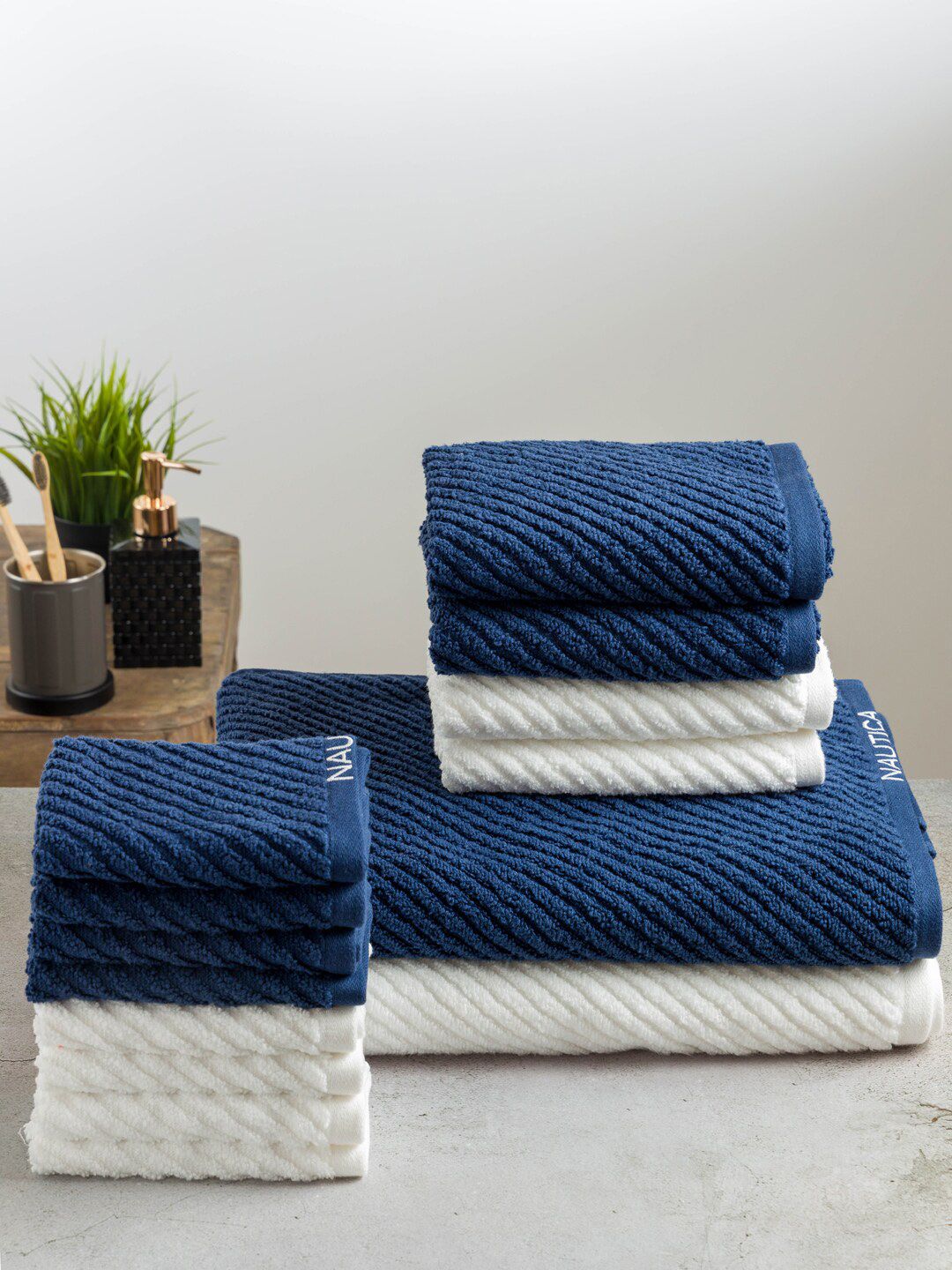 Nautica Set Of 14 Pcs Blue & White Pure Cotton Textured Towel Set Price in India