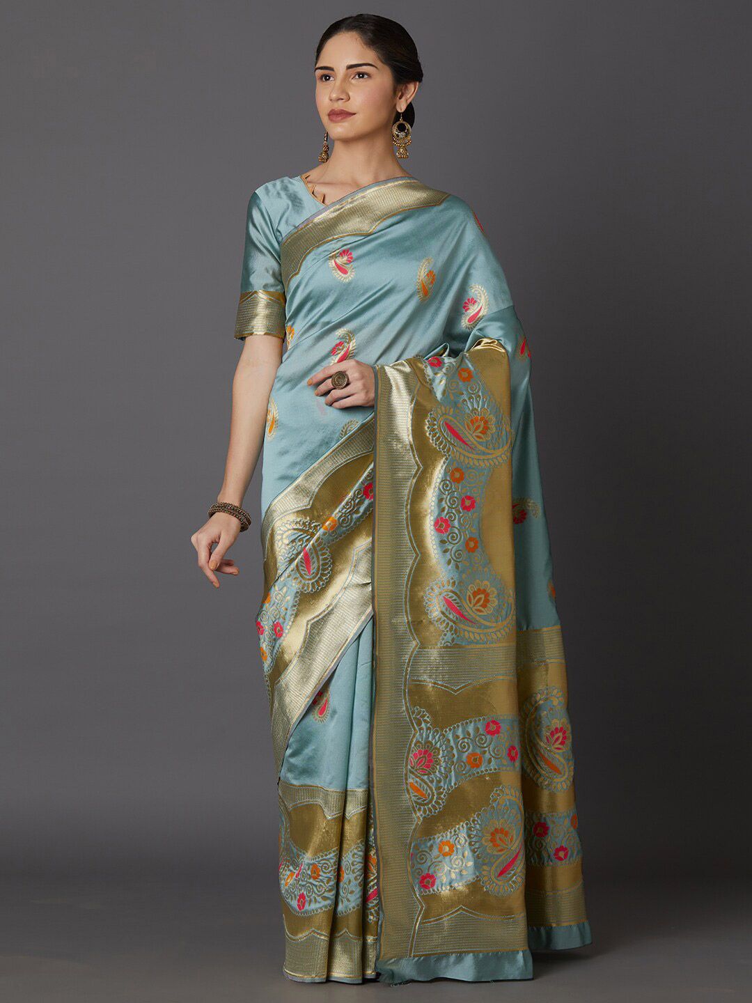 Mitera Blue & Gold-Toned Woven Design Silk Blend Kanjeevaram Zari Saree Price in India