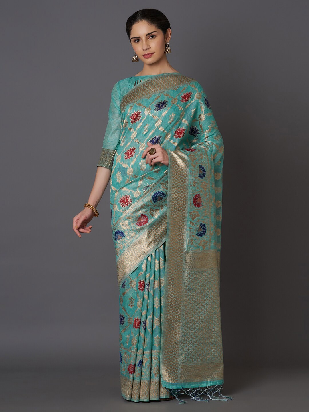 Mitera Sea Green & Gold-Toned Woven Design Zari Silk Blend Kasavu Saree Price in India