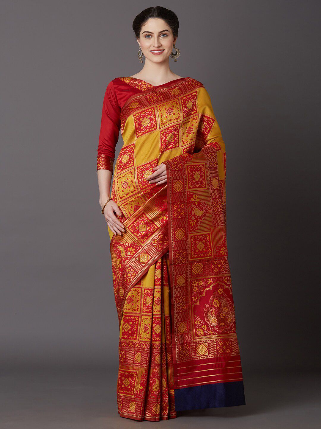 Mitera Mustard & Red Woven Design Zari Art Silk Banarasi Saree Price in India
