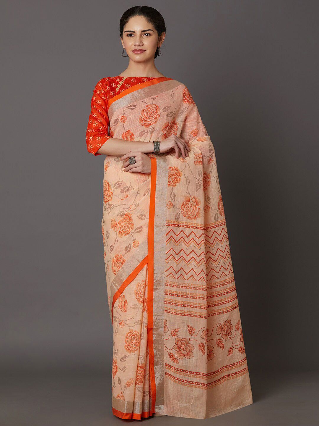 Mitera Yellow & Grey Floral Zari Linen Blend Bomkai silk Saree Price in India