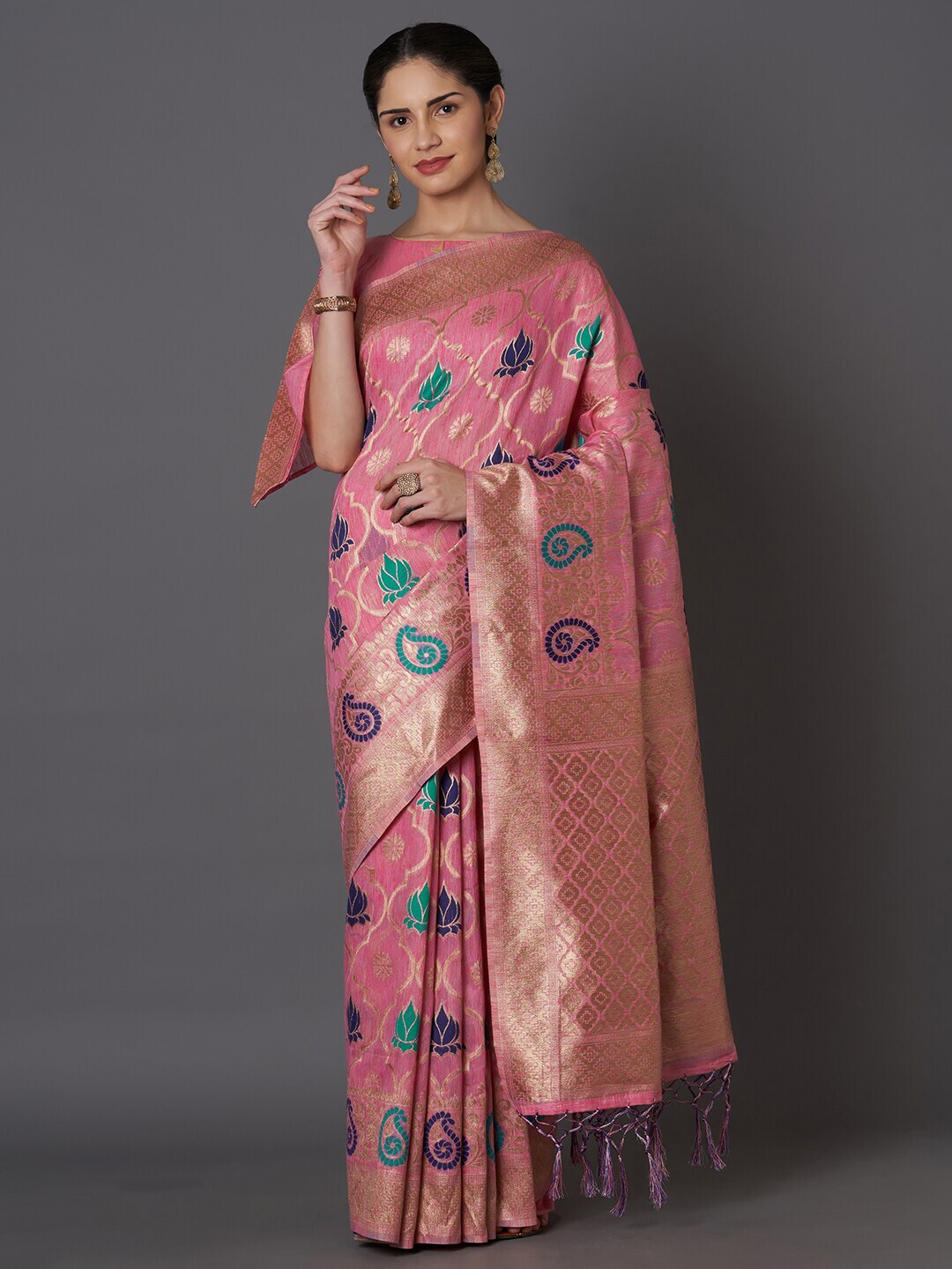 Mitera Women Pink Ethnic Motifs Zari Silk Blend Kasavu Saree Price in India