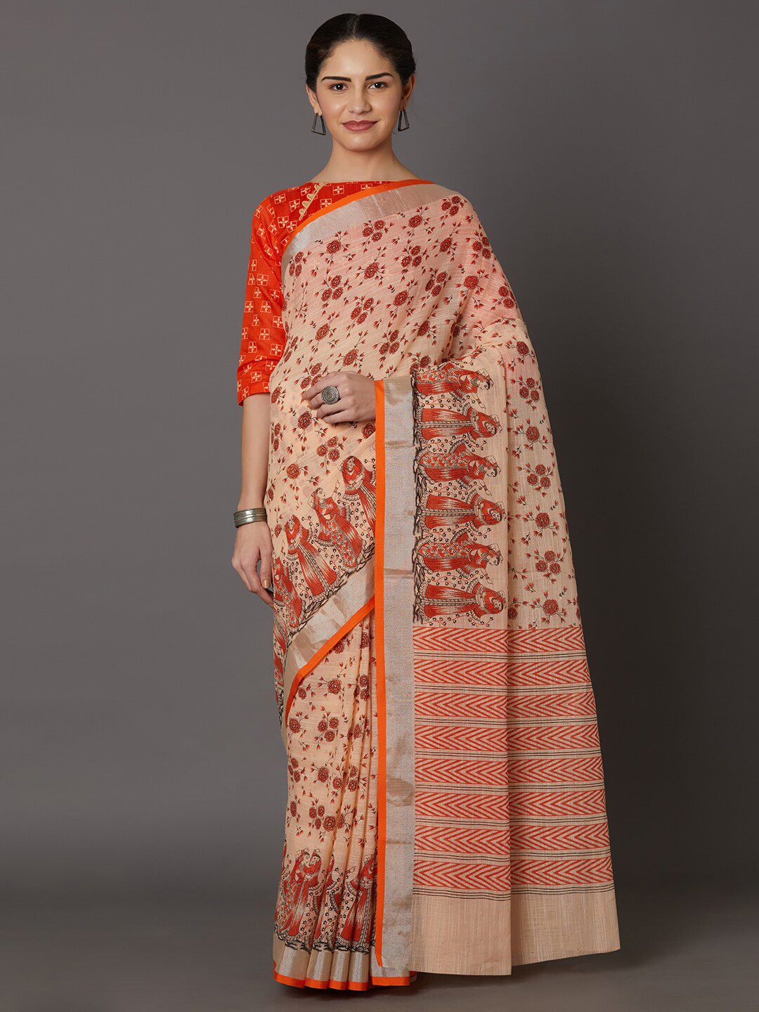 Mitera Orange & Silver-Toned Floral Zari Linen Blend Silk Saree Price in India