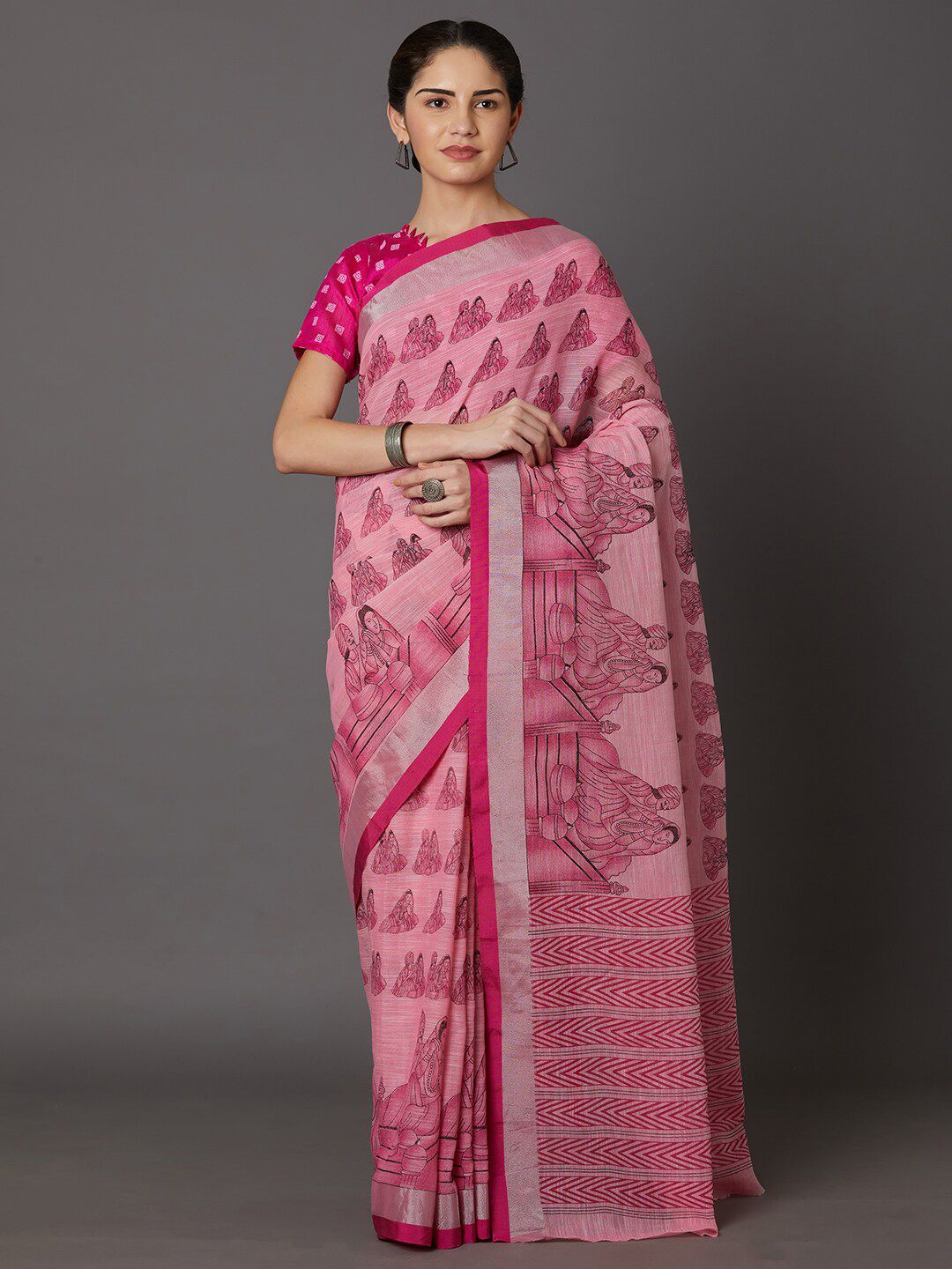 Mitera Women Pink Kalamkari Zari Linen Blend Bomkai silk Saree Price in India