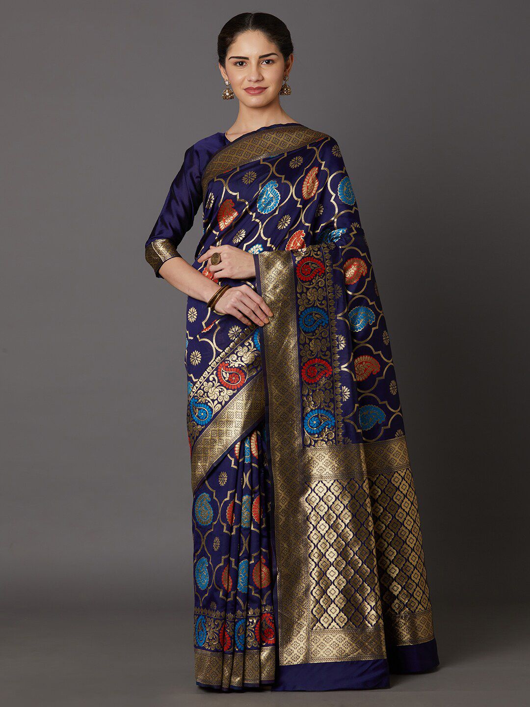 Mitera Navy Blue & Gold-Toned Woven Design Zari Khandua Silk Dharmavaram Saree Price in India