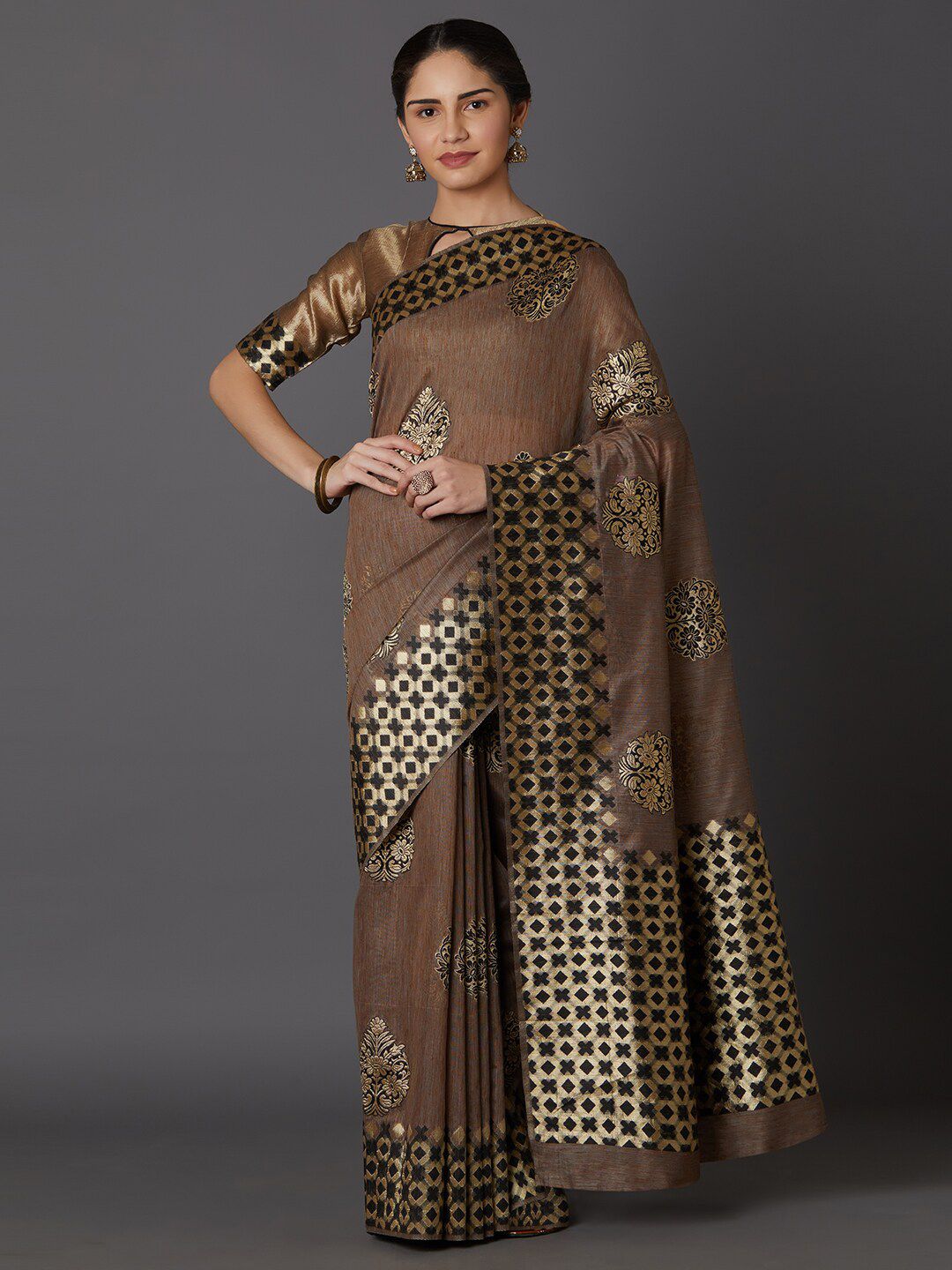 Mitera Women Purple & Gold-Toned Woven Design Zari Silk Blend Kanjeevaram Saree Price in India