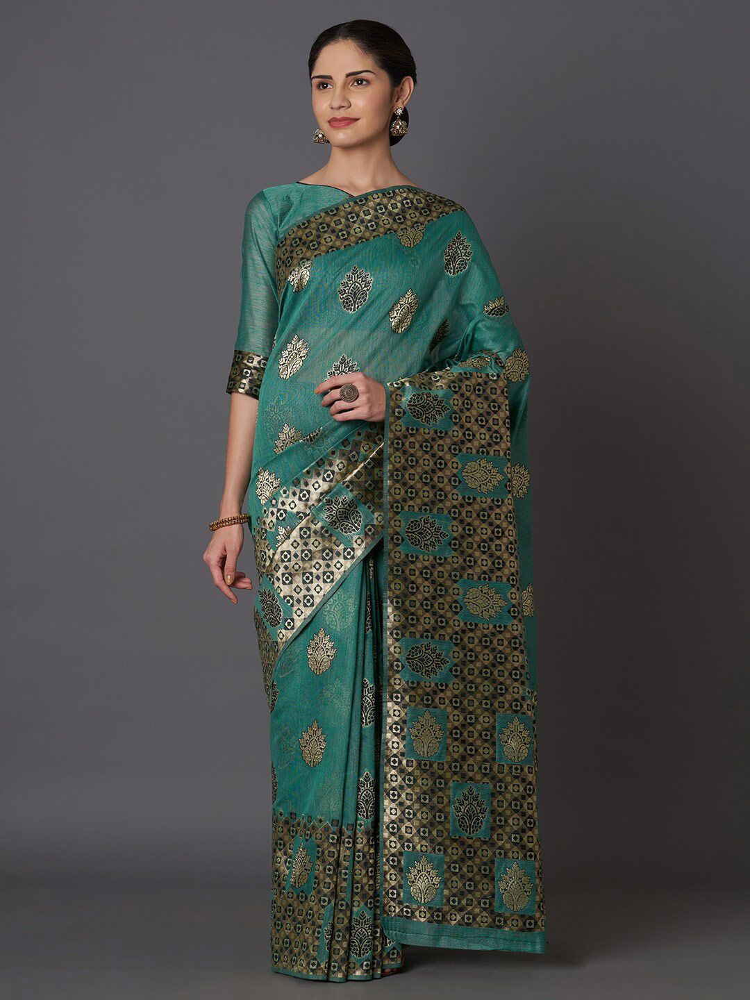 Mitera Teal & Black Floral Zari Silk Blend Kasavu Saree Price in India