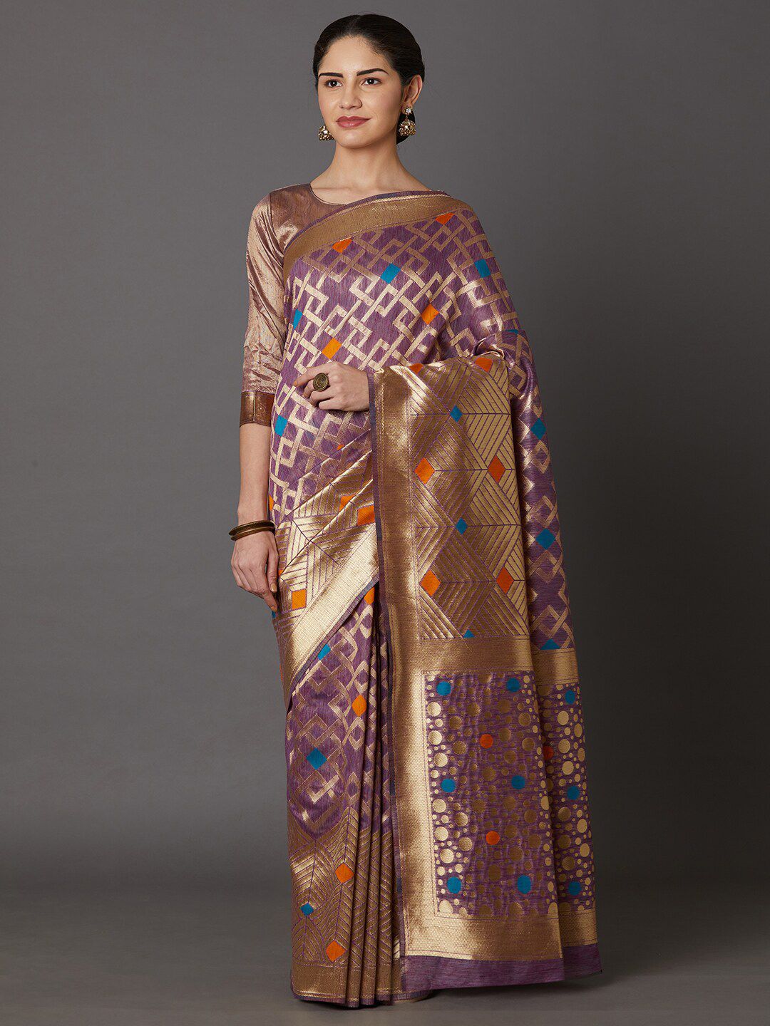 Mitera Lavender & Blue Woven Design Zari Khandua Silk Dharmavaram Saree Price in India