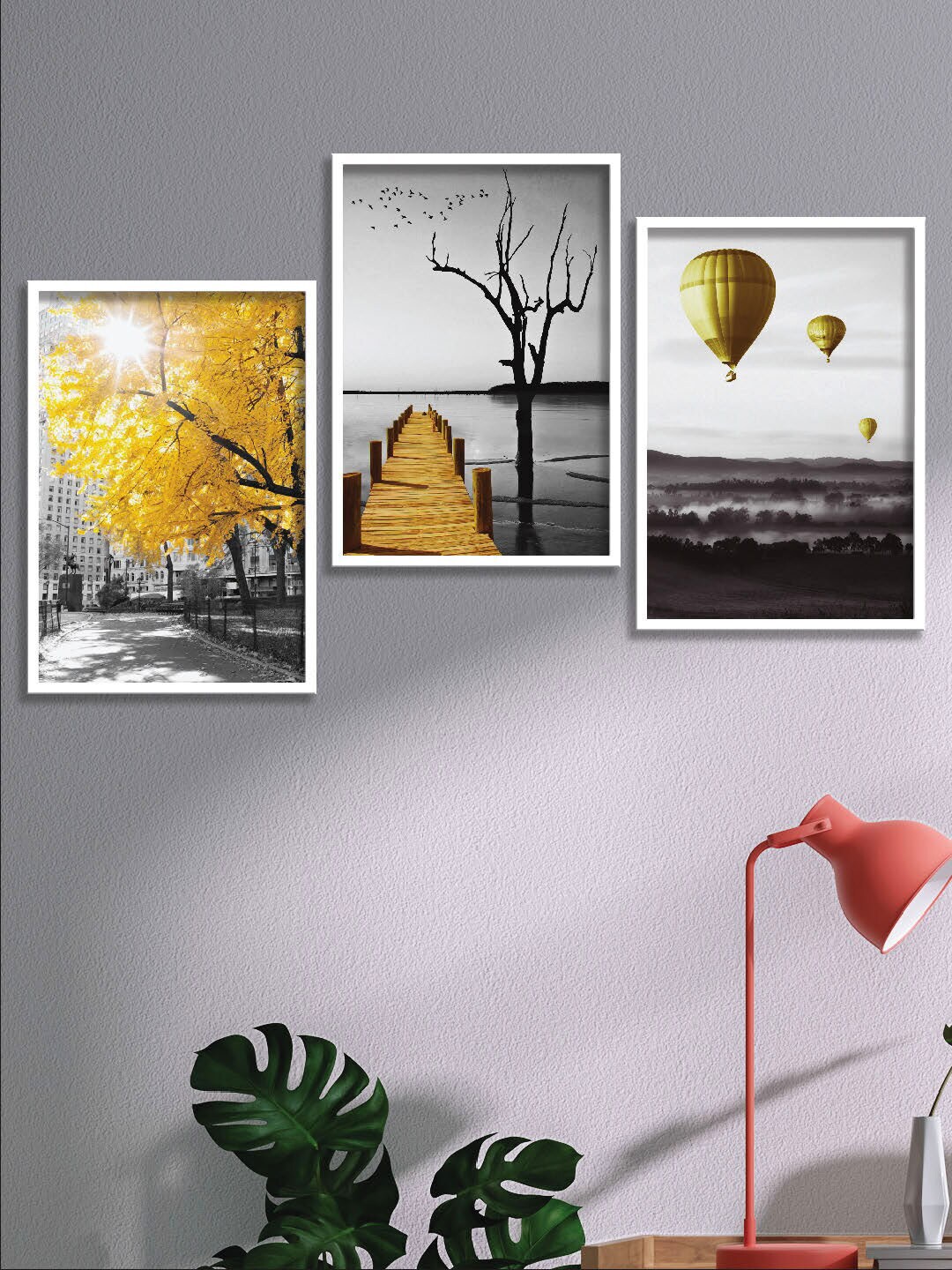 SAF Set Of 3 Yellow & Black Digital Painting Framed Wall Art Price in India