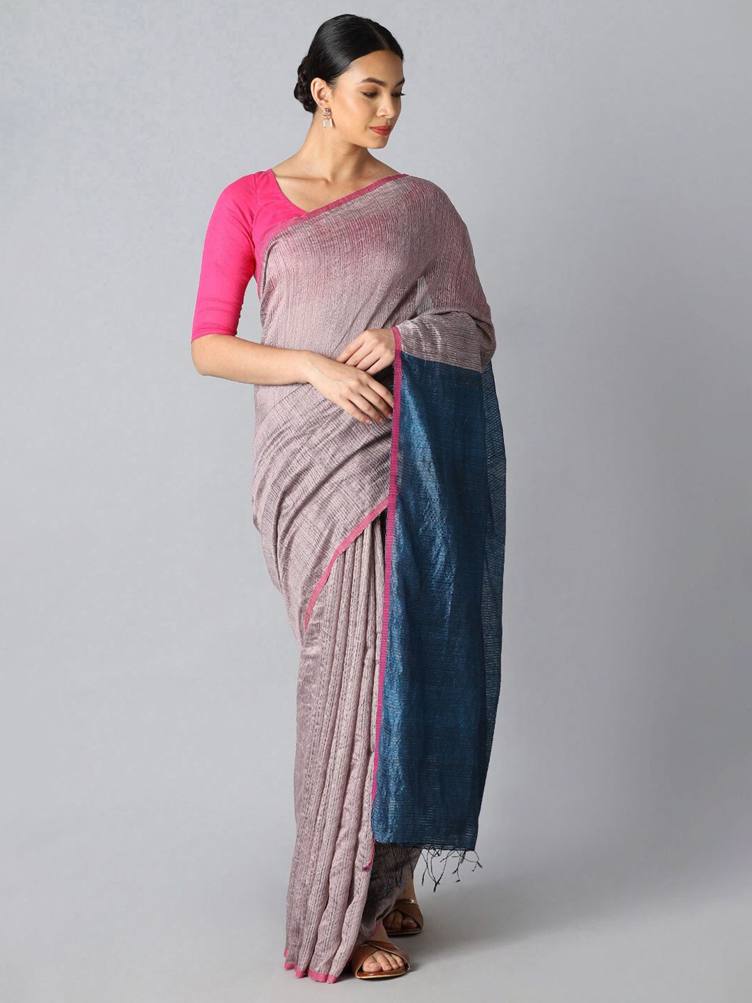 Taneira Blue & Grey Colourblocked Pure Silk Saree Price in India