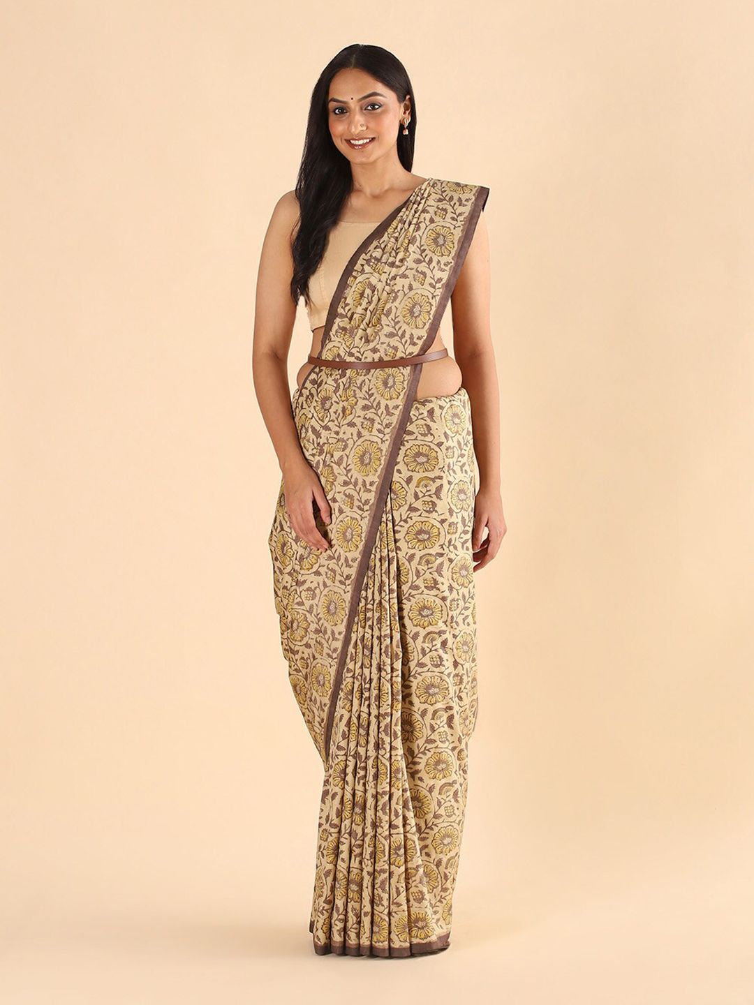 Taneira Beige & Brown Floral Pure Silk Block Print Saree Price in India