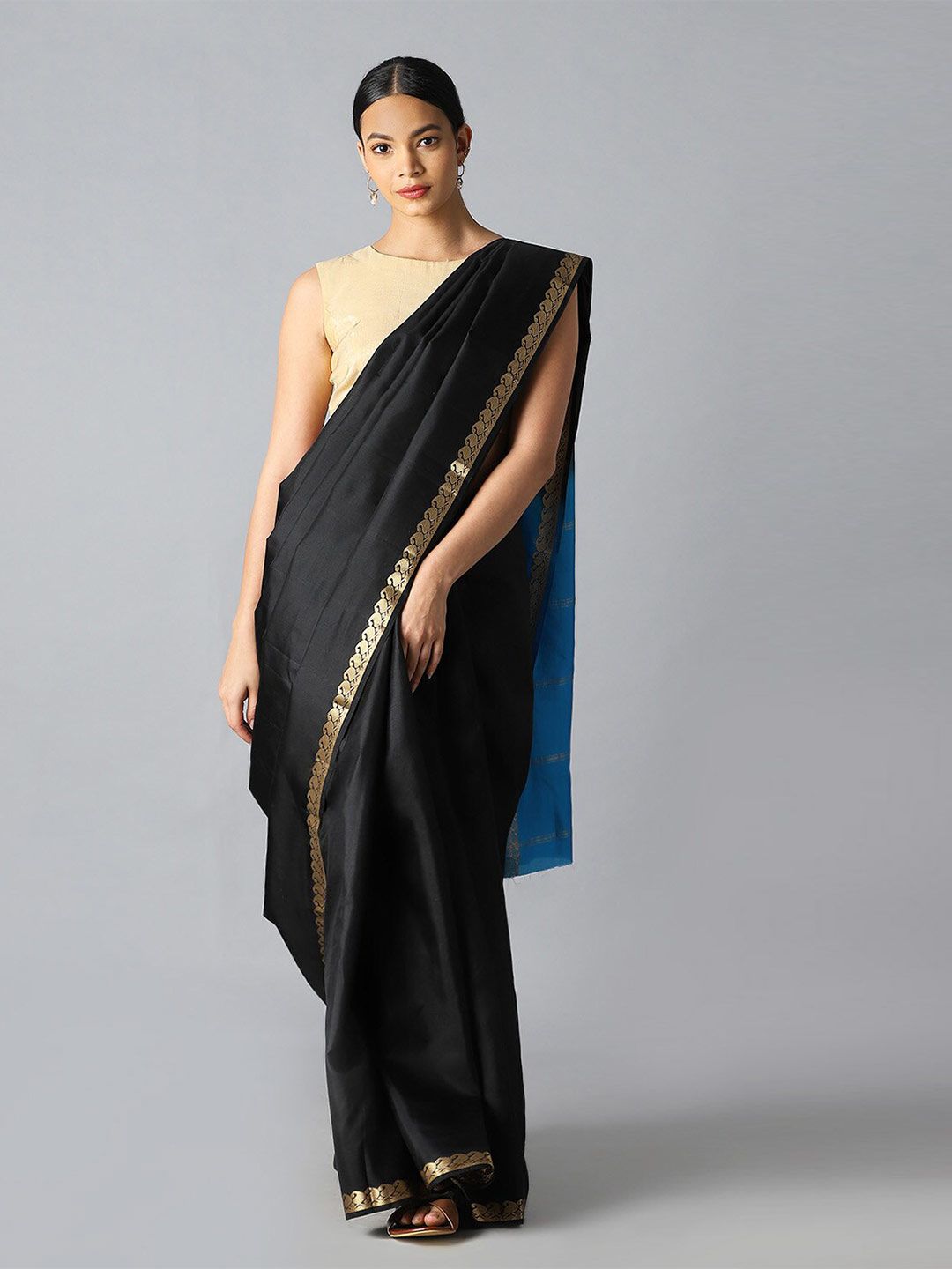 Taneira Black & Gold-Toned Zari Pure Silk Saree Price in India