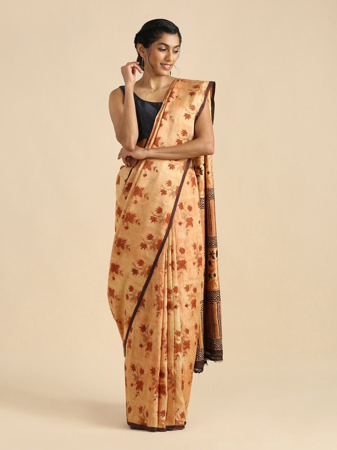 Taneira Red & Brown Floral Pure Silk Block Print Saree Price in India