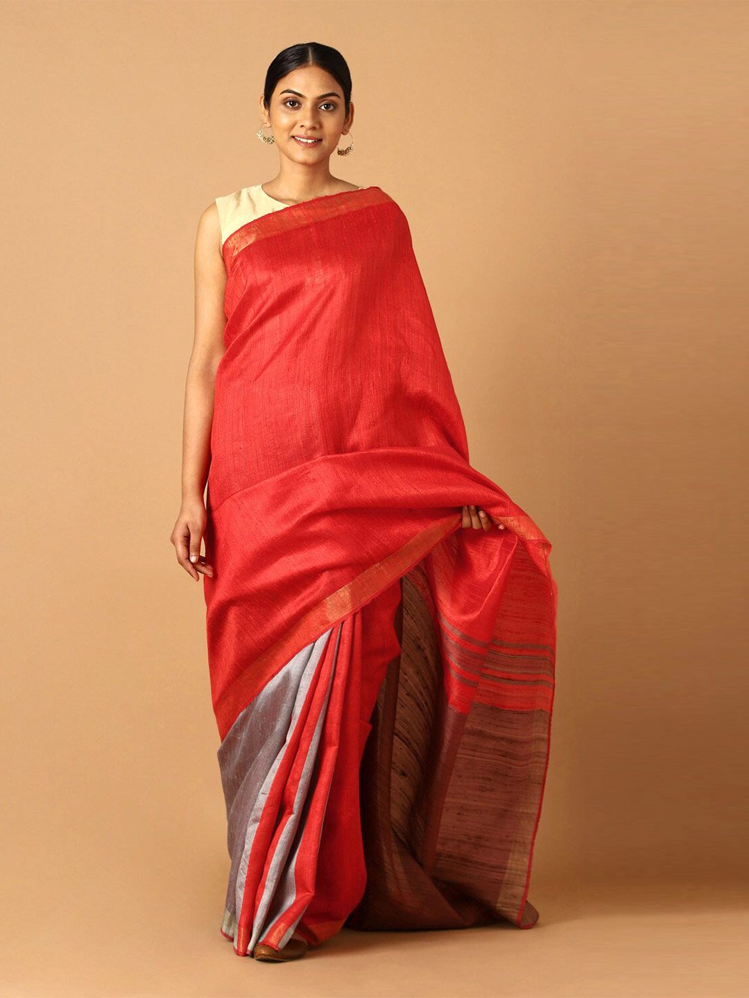 Taneira Red & Grey Zari Pure Silk Bhagalpuri Saree Price in India