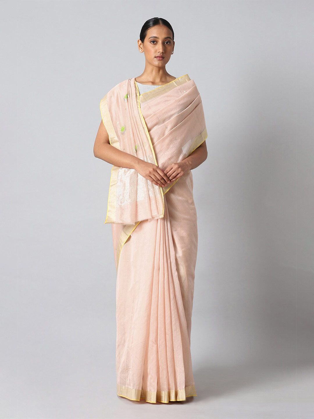 Taneira Women Orange & Gold-Toned Woven Design Zari Silk Cotton Chanderi Saree Price in India