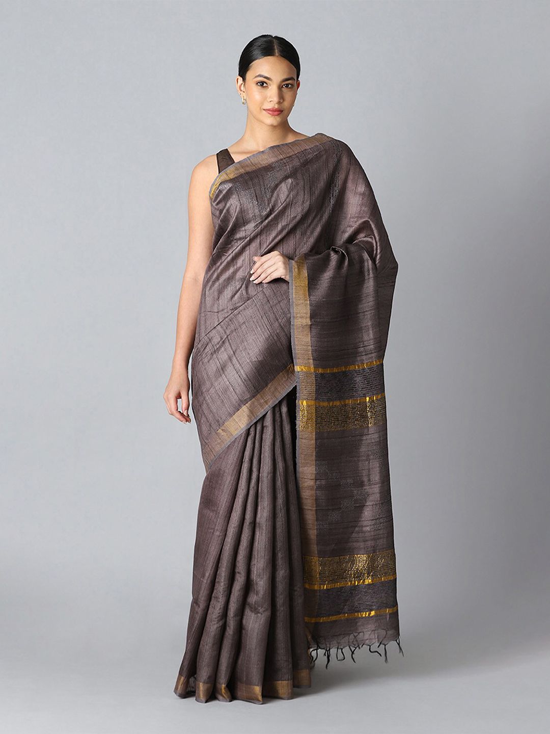 Taneira Grey & Gold-Toned Woven Design Zari Pure Silk Bhagalpuri Saree Price in India