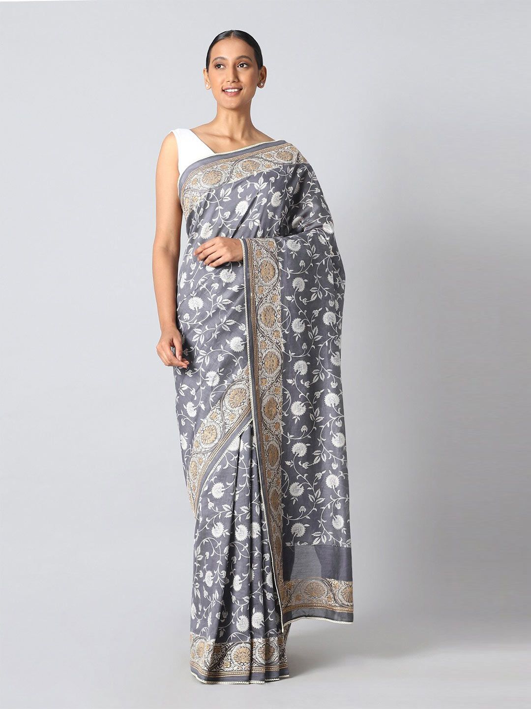 Taneira Grey & Off White Floral Silk Cotton Saree Price in India