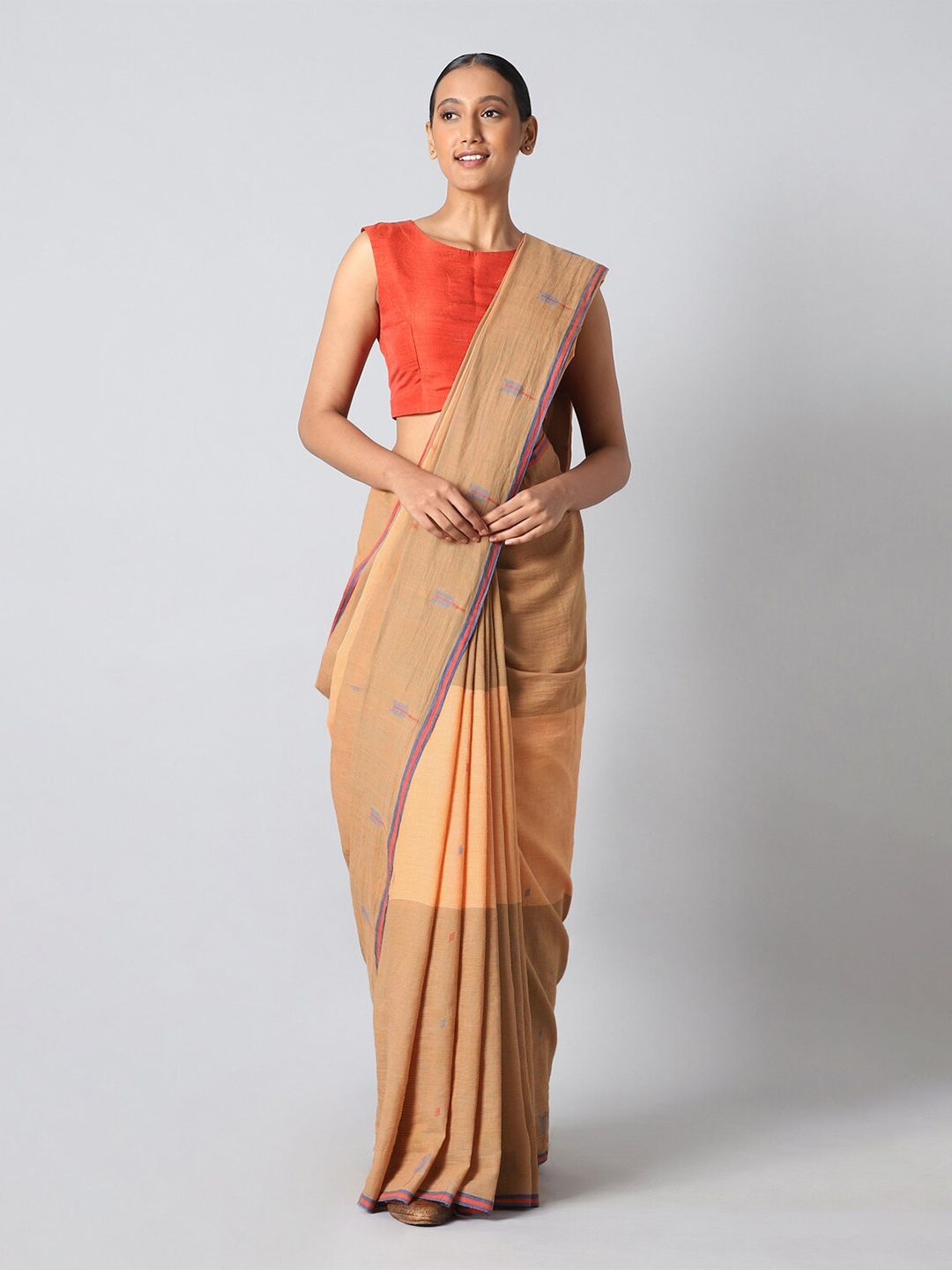 Taneira Orange & Blue Woven Design Pure Cotton Jamdani Saree Price in India