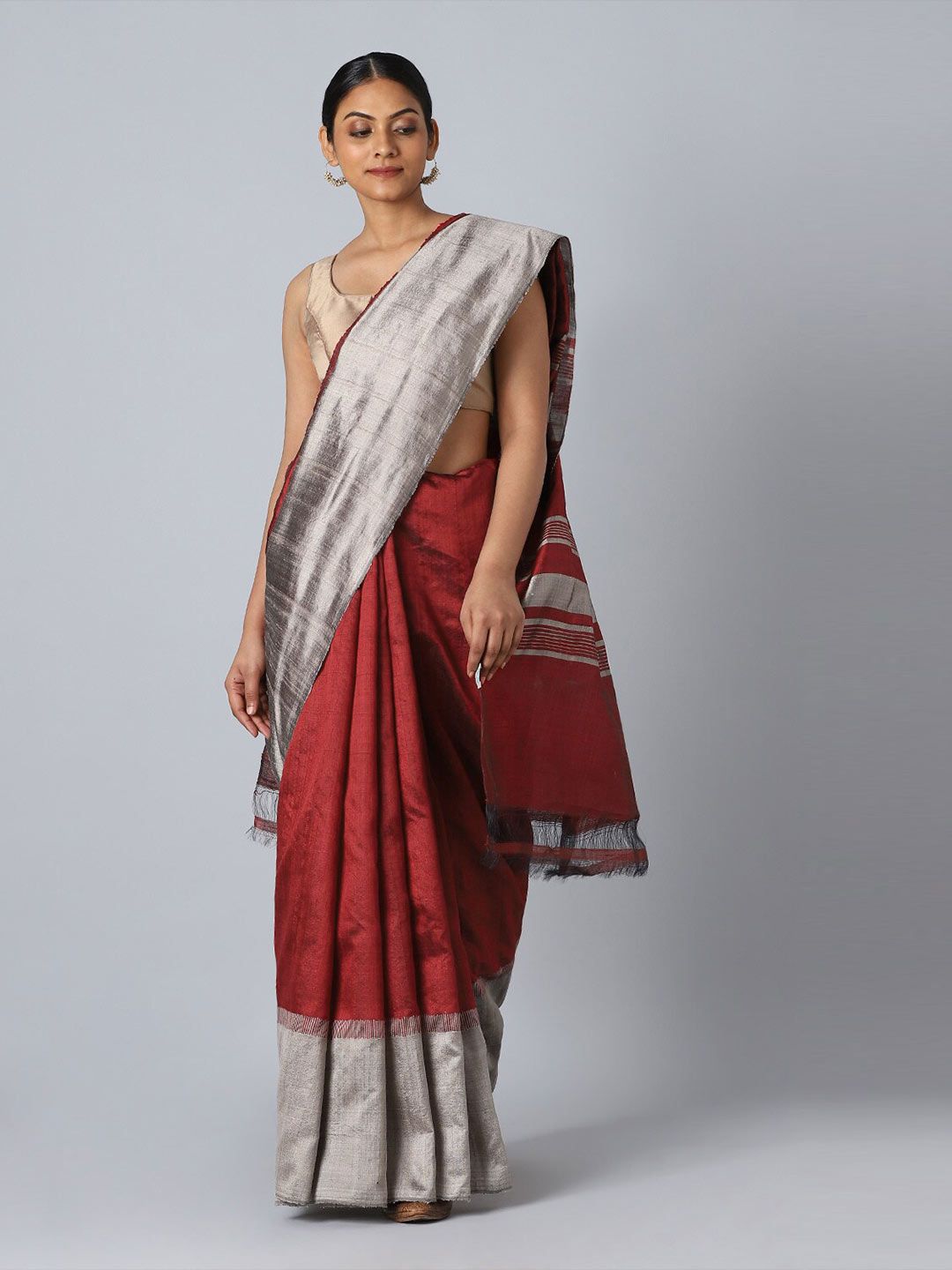 Taneira Red & Silver-Toned Striped Pure Silk Saree Price in India