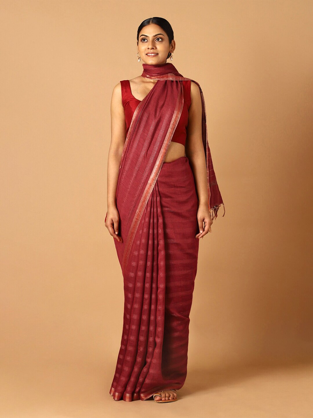 Taneira Red Striped Zari Pure Silk Bhagalpuri Saree Price in India