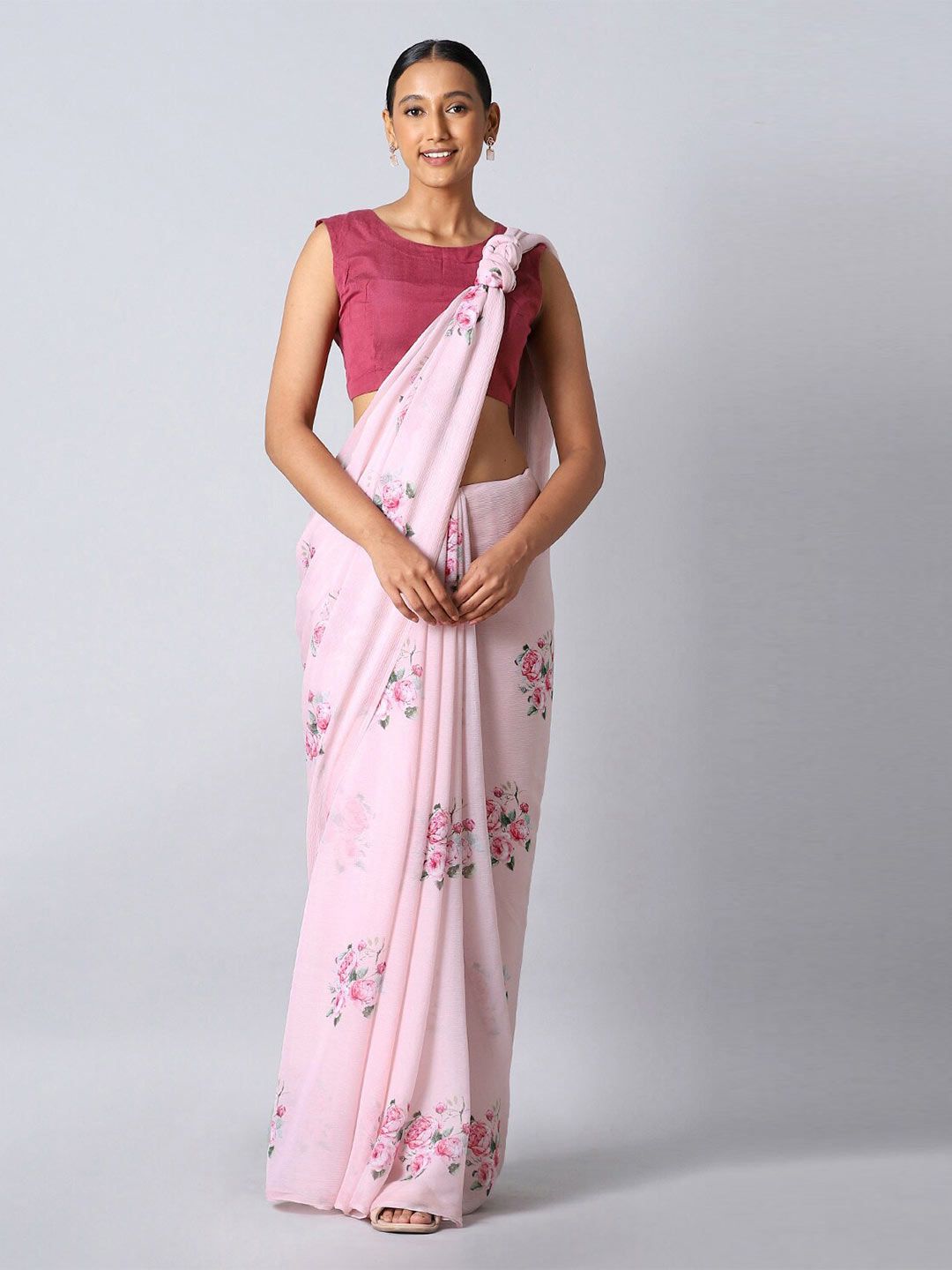 Taneira Pink & Grey Floral Printed Pure Chiffon Saree Price in India