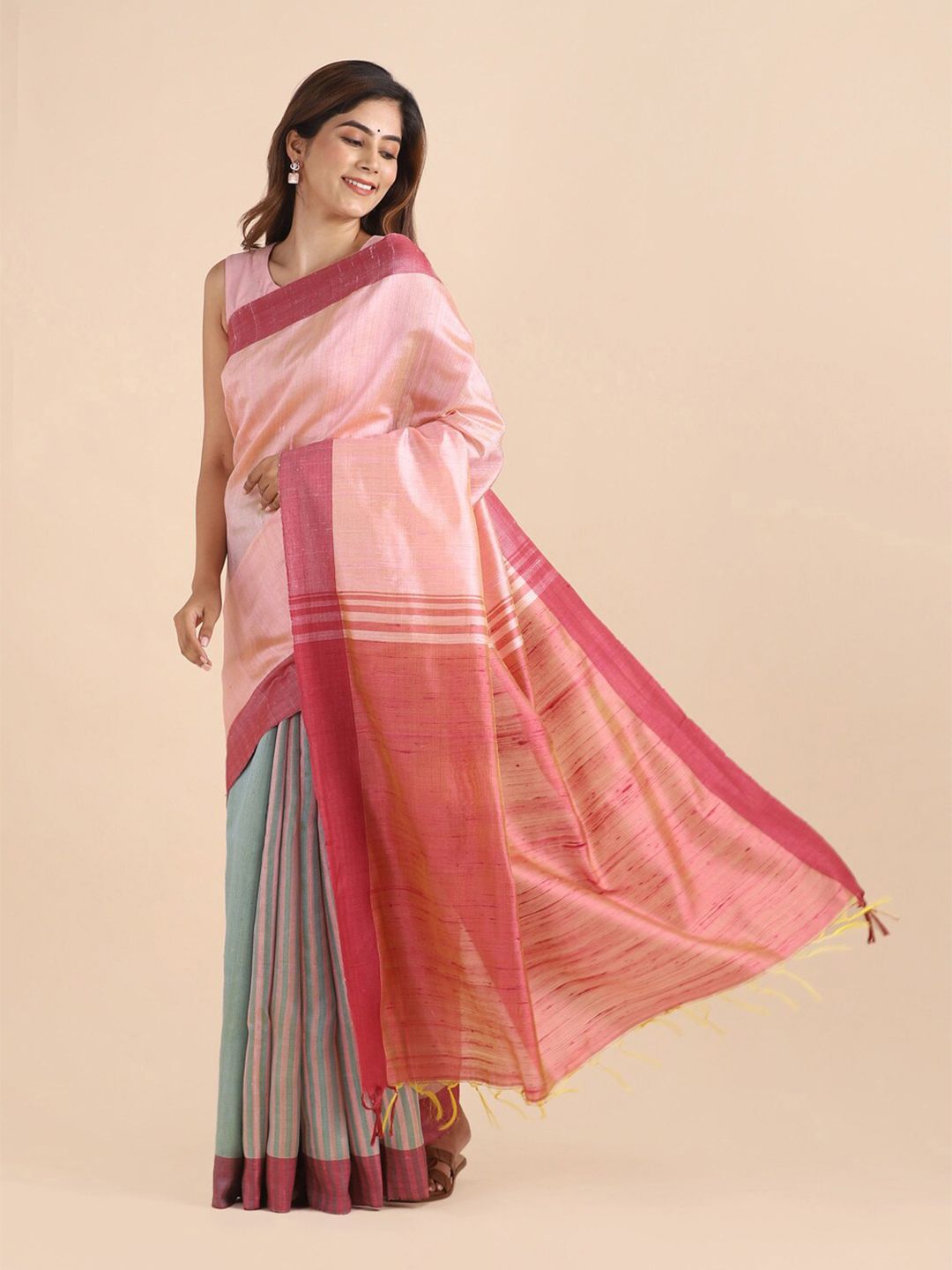 Taneira Pink & Green Colourblocked Pure Silk Bhagalpuri Saree Price in India