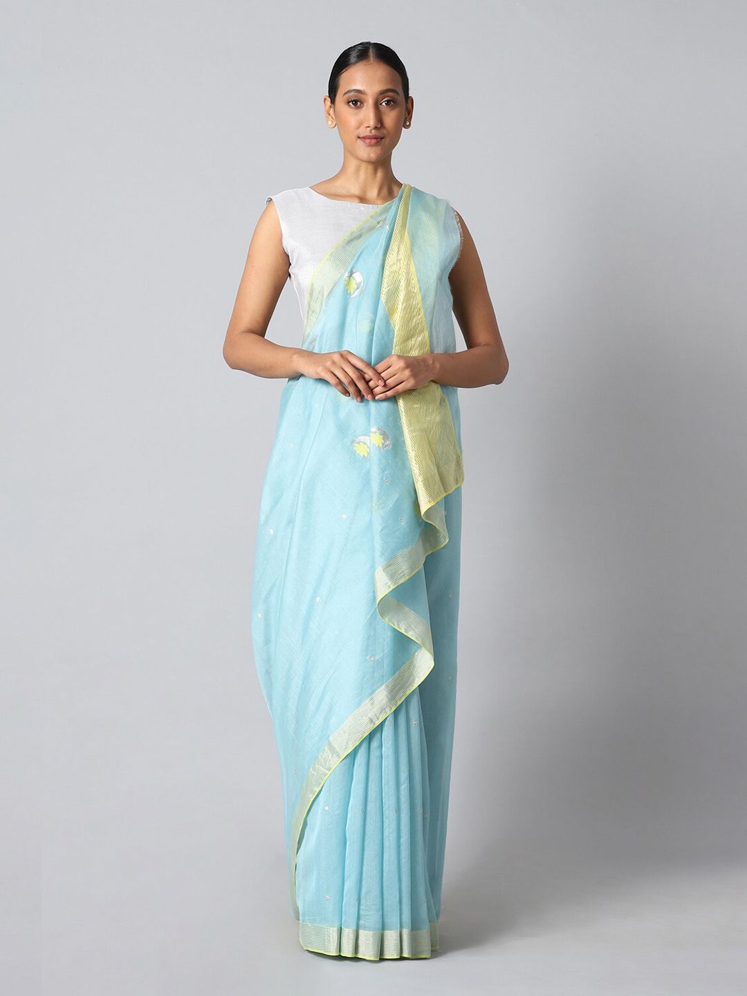 Taneira Women Blue & Gold-Toned Woven Design Zari Silk Cotton Chanderi Saree Price in India