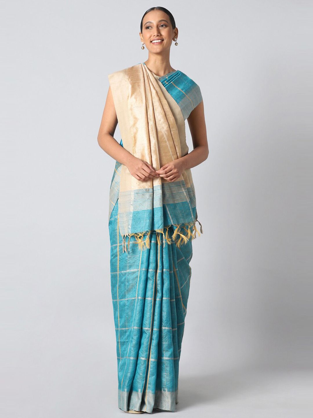 Taneira Blue & Cream-Coloured Checked Pure Silk Bhagalpuri Saree Price in India