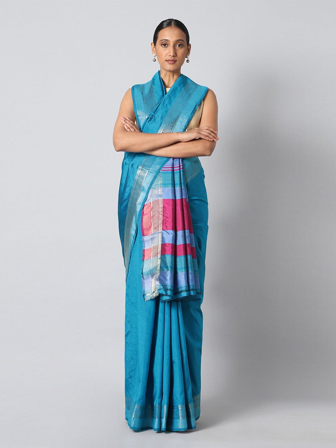 Taneira Blue & Silver-Toned Woven Design Zari Pure Silk Saree Price in India