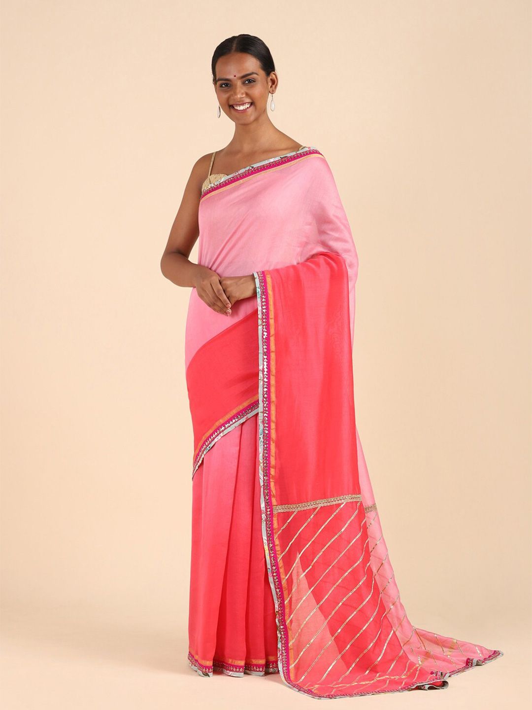 Taneira Light Pink & Silver-Toned Colourblocked Embroidered Silk Cotton Saree Price in India