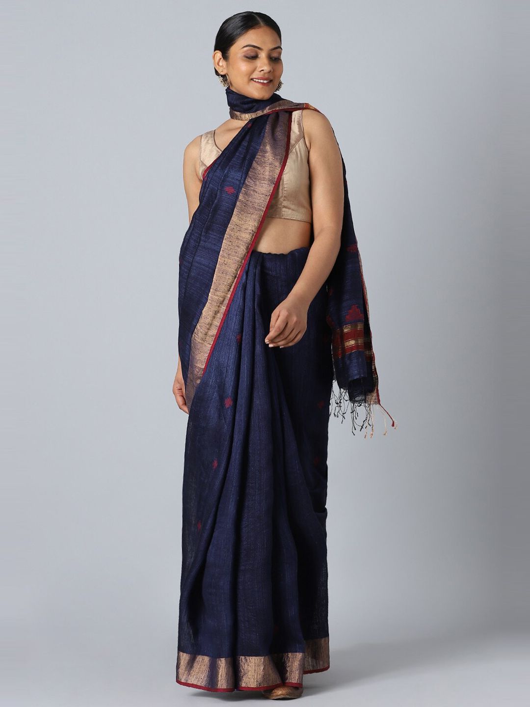 Taneira Women Blue & Gold-Toned Woven Design Zari Pure Silk Jamdani Saree Price in India