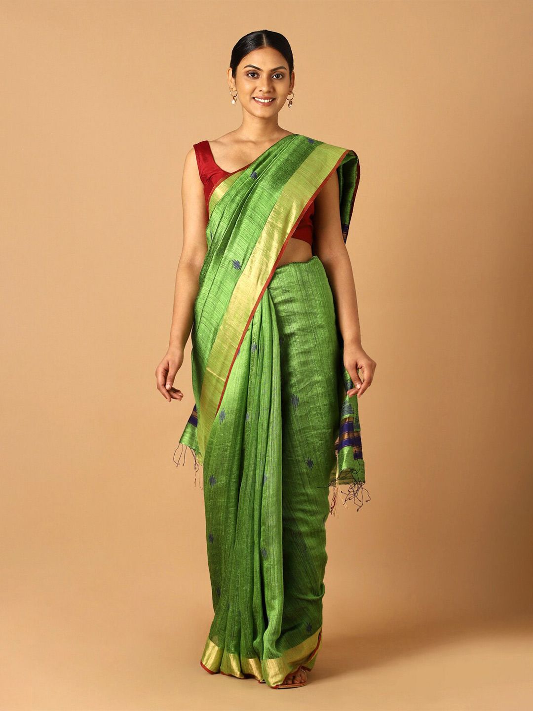 Taneira Green & Gold-Toned Zari Pure Silk Jamdani Saree Price in India