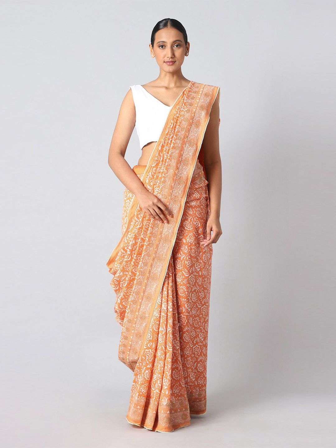 Taneira Women Orange & White Floral Silk Cotton Saree Price in India