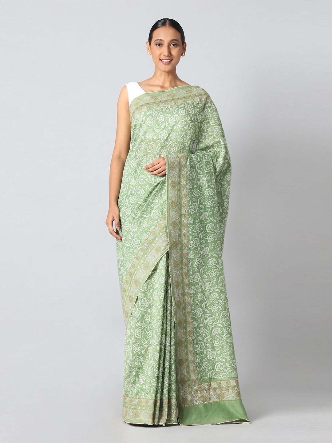 Taneira Green & White Floral Embroidered Silk Cotton Saree Price in India