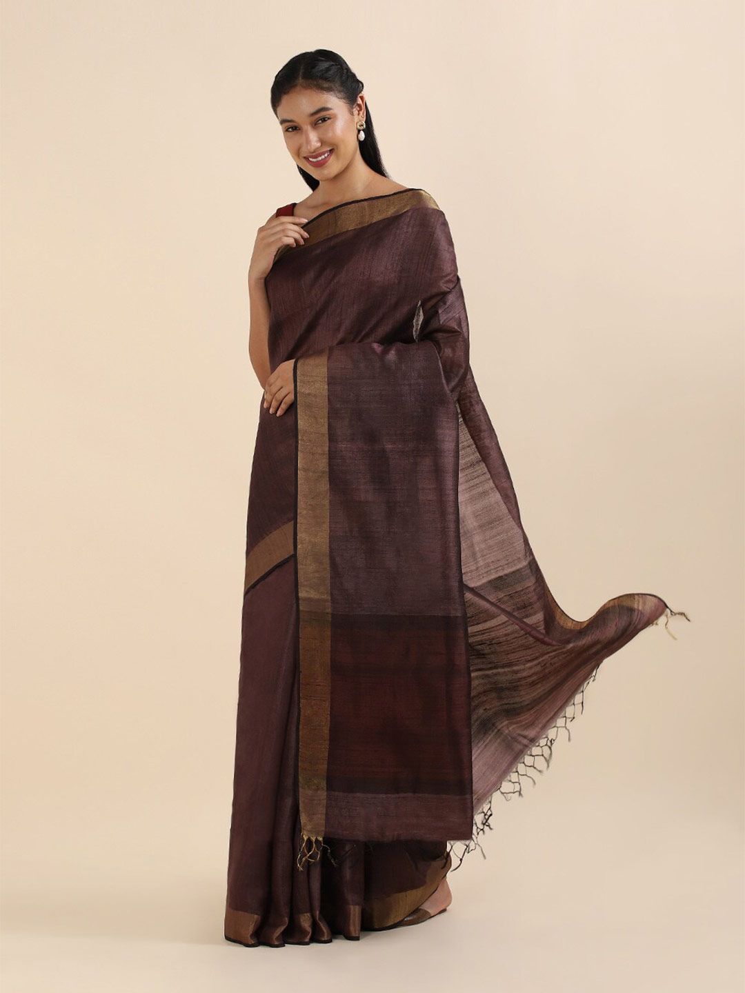 Taneira Women Brown & Gold-Toned Woven Design Zari Pure Silk Bhagalpuri Saree Price in India