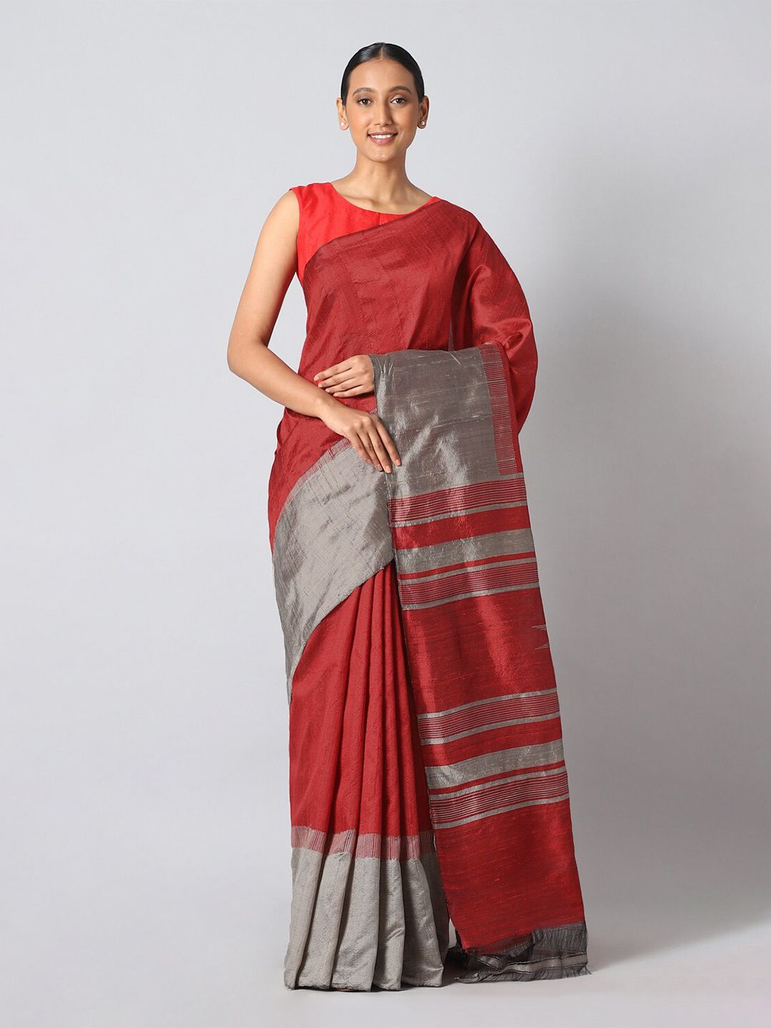 Taneira Red & Silver-Toned Woven Design Zari Pure Silk Saree Price in India