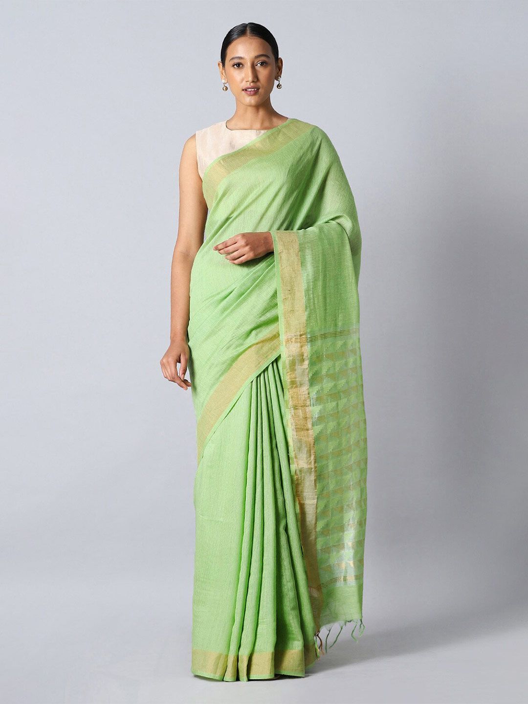Taneira Green & Gold-Toned Striped Zari Pure Silk Bhagalpuri Saree Price in India